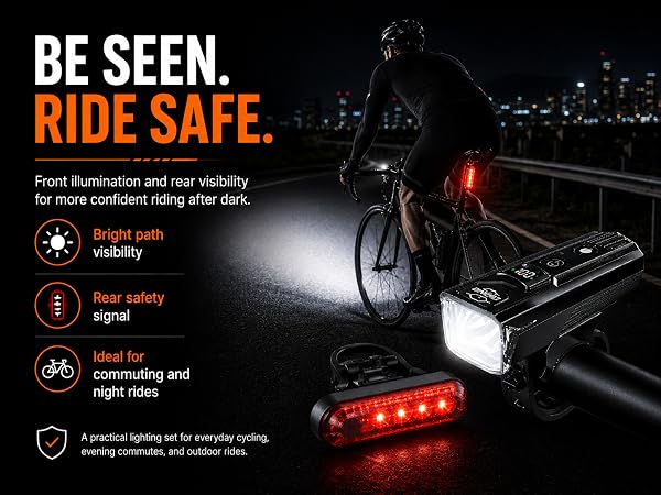 Front and rear bike light set improves safety for night cycling commutes