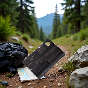 A rugged outdoor scene with a product lying on a wooden surface surrounded by camping gear and hikin