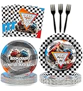 CHUNNIN 96Pcs Monster Truck Party Plates and Napkins for Monster Truck Birthday Party Supplies Pa...