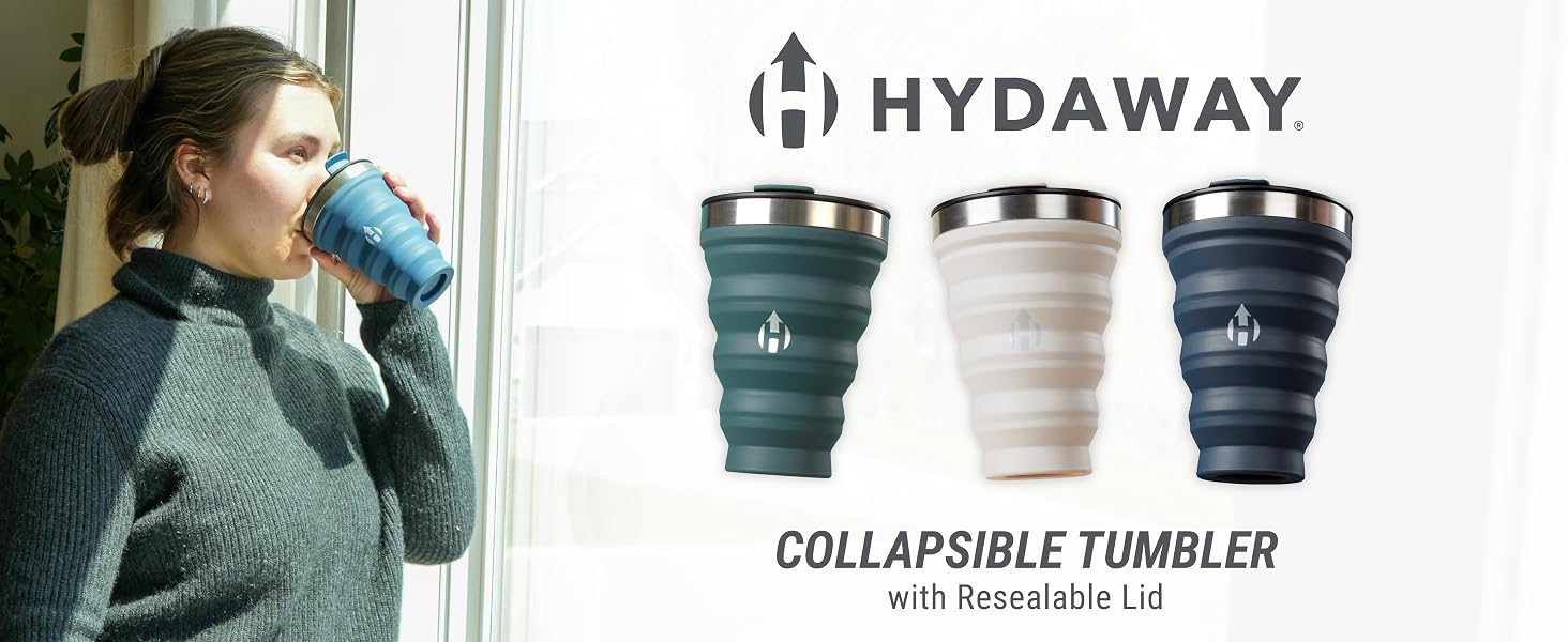 HYDAWAY collapsible tumbler with resealable lid in Agave, Sandbar and Seaside colors