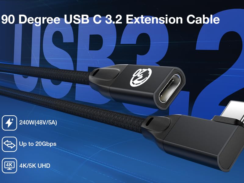 90 degree usb c 3.2 extension cable right angle pd 3.1 fast charging 240w 20gbps 4k@60hz video