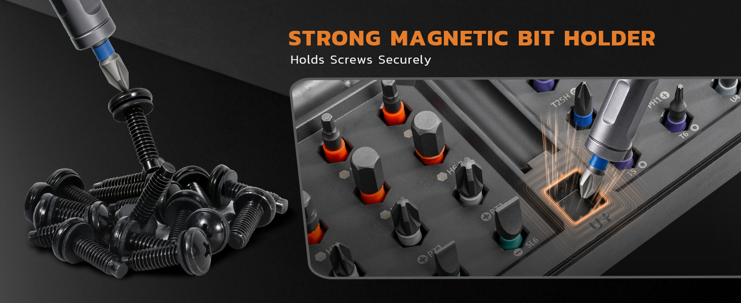 Strong magnetic bit holder keeps screws secure during installation.