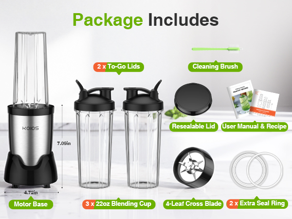 Everything you need included: power base, cups, lids, blade, brush, and recipe book
