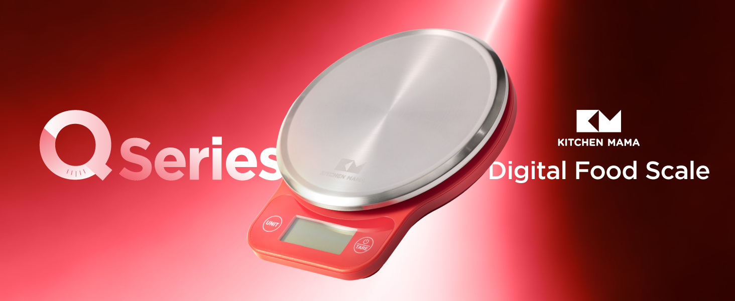 Kitchen Mama Q Series digital food scale with stainless steel platform, LCD display, compact scale