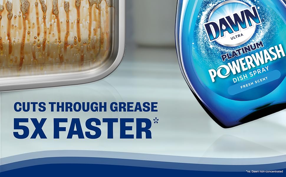 bottom half of dawn power wash dish spray bottle with words that say cuts thru grease 5 times faster