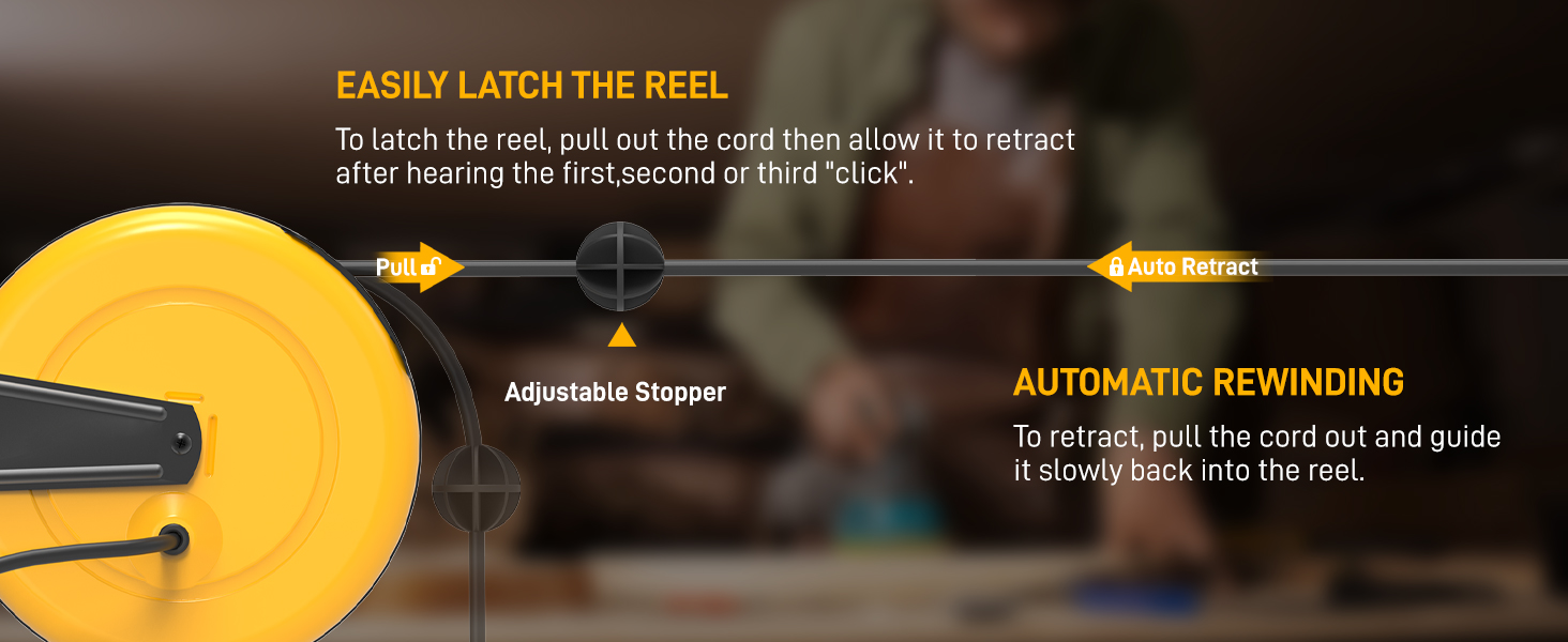 EASILY LATCH THE REEL Adjustable Stopper AUTOMATIC REWINDING