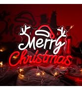 Merry Christmas Neon Sign for Wall Decor, LED Dimmable Merry Christmas Hat Neon Lights Sign for C...