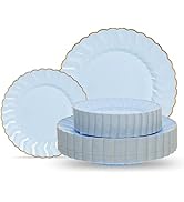 Lullaby 60PCS Light Blue Scalloped Plastic Plates with Gold Rim, Includes 30PCS Dinner Plate 10''...