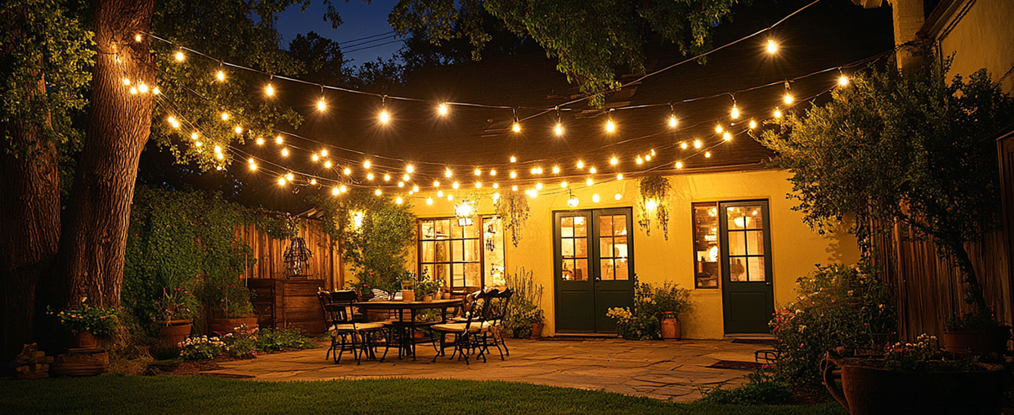 Outdoor evening venue with string lights illuminating a patio area, featuring seating arrangements and architectural elements at night.