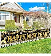 Happy New Year Banner, 2024 New Year Eve Party Decorations, Black Gold New Years Background Banne...