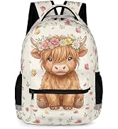 KOYI Floral Highland Cow Backpack for Girls, Cute Farm Animals School Bag with Reflective Strip, ...