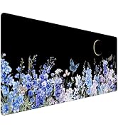 HUADO Black Desk Mat, Blue Violet Wildflower XXL Mouse Pad 35.4x15.7 in | Waterproof, Non-Slip Ru...