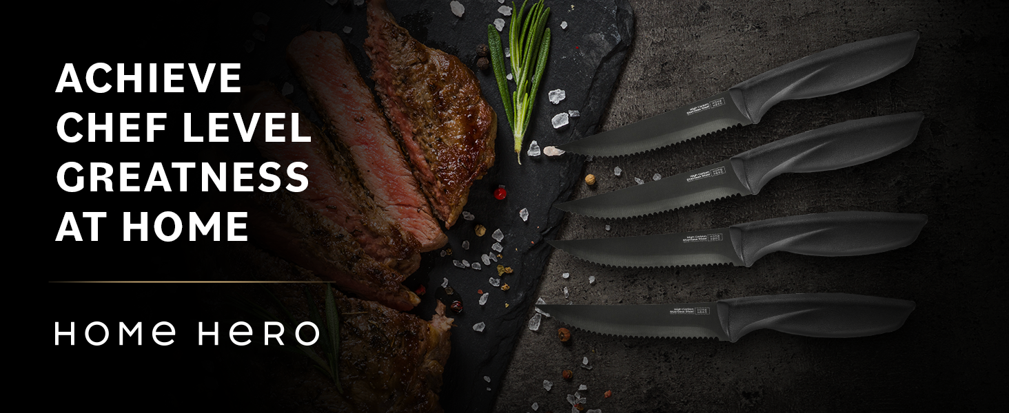 Stainless steel bread knife, steak knife and cheese knife.