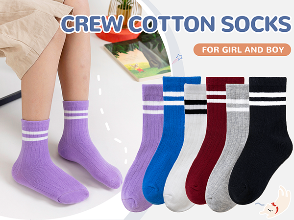 Kids Crew Cotton School Socks Youth Cute Casual Breathable Little Girls Boys Dress Socks 6 Pairs