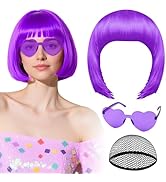 PLULON Purple Bob Wig with Heart Sunglasses and Hair Cap for Women, Short Bob Wigs Synthetic Colo...