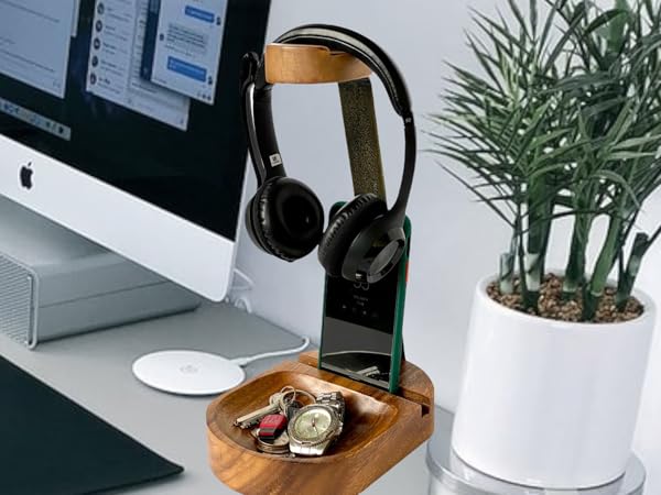 Soporte de auriculares y cellular wood headset iPhone stand holder desk organizer accessory tray