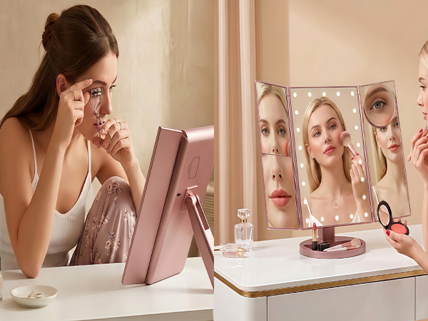Lighted makeup mirror for vanity, dorm room and travel use.