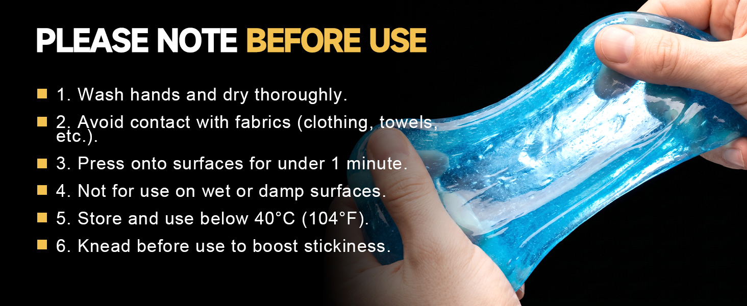 Pre-use instructions: wash hands, knead first, press briefly, and avoid fabrics or damp surfaces
