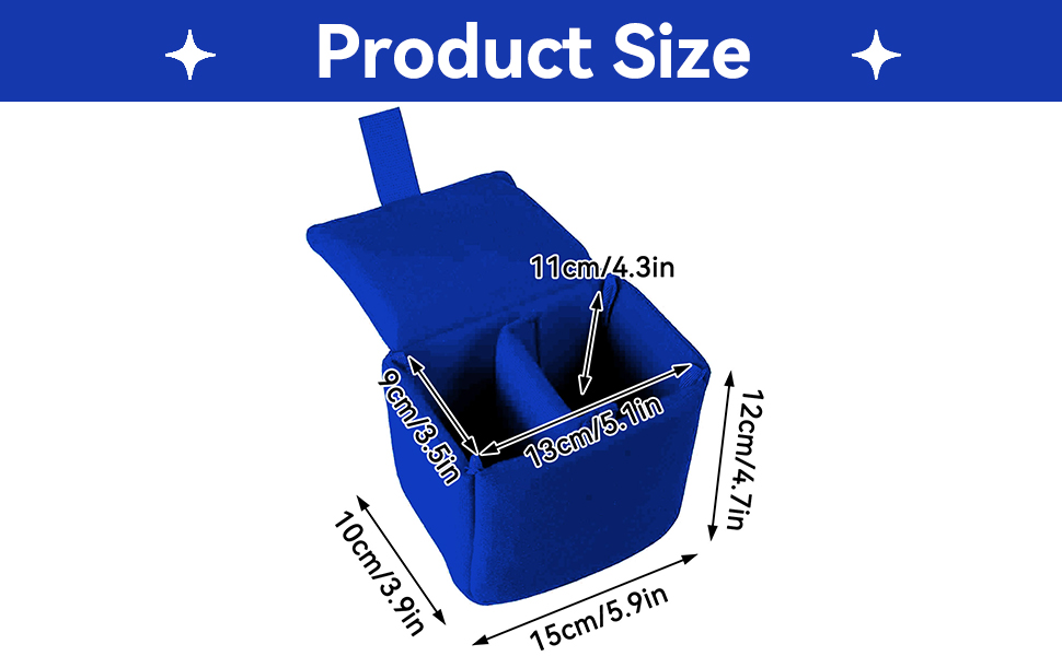 Text reads "Product Size" with measurements displayed. Blue square storage container shown from multiple angles with dimensions: 25cm x 33cm height, 15cm x 9cm front measurements.