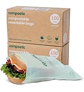 Compostic Home Compostable Resealable Sandwich Bags (7"x7"), Microwave & Freezer Safe, Organic Fo...