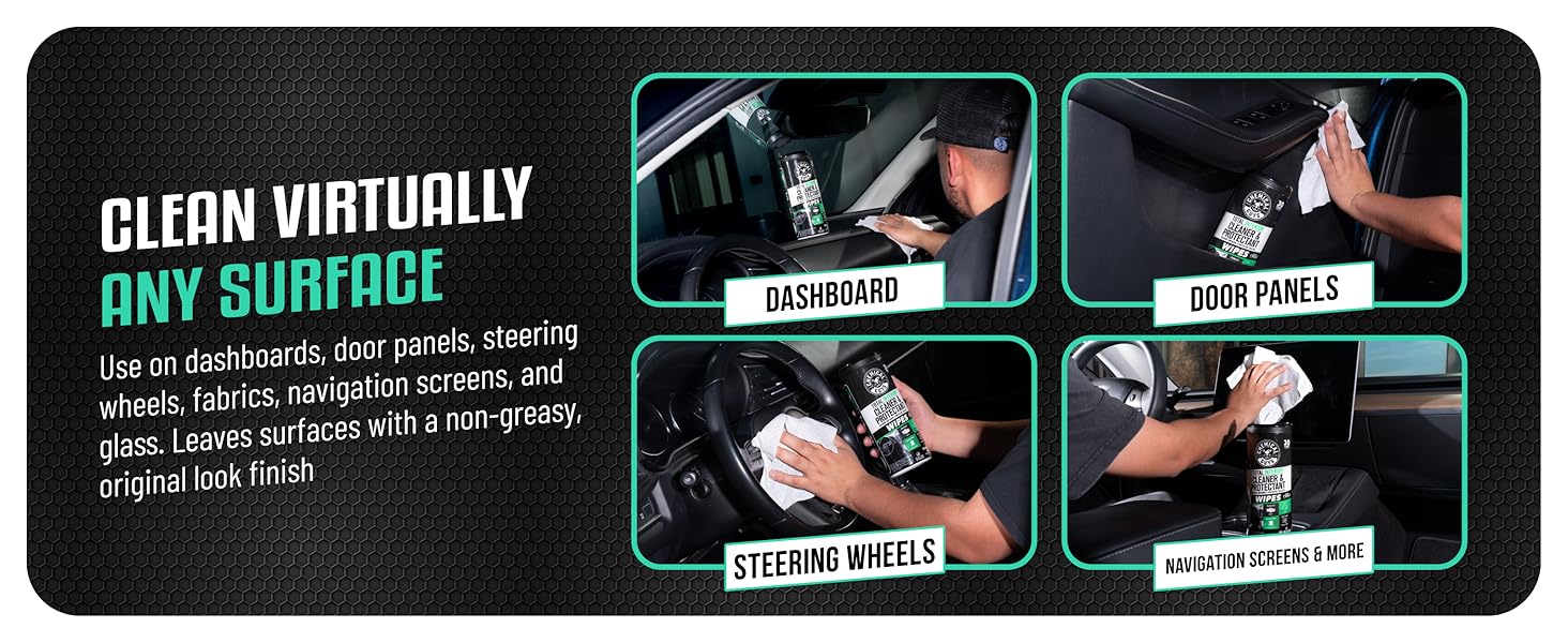 Total Interior cleaning wipes used on car dashboard, door panels, console with fresh new car scent