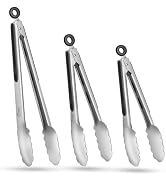 HOTEC Stainless Steel Kitchen Tongs Set of 3-7", 9" and 12", Locking Metal Food Tongs Non-Slip Grip