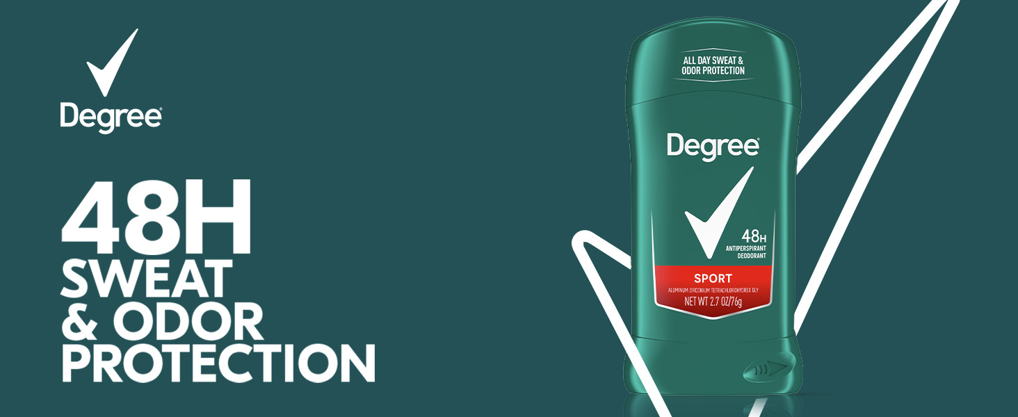 Text next to a Degree Sport 48H Antiperspirant Deodorant Stick surrounded by brand's logo.