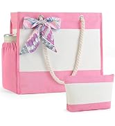 TAOZIM Beach Tote with Makeup Bag, Waterproof Canvas Beach Bag w/Ribbon Personalized Gifts for Wo...