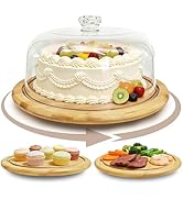 Pesilo Bamboo Cake Stand with Dome Lid, 12in Rotating Wood Cake Holder Round Cake Plate, 2-in-1 W...