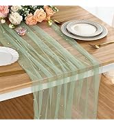 Mwellewm Green Pearl Table Runner 120 Inch 10FT Wedding Table Decor Tulle Gauze Fabric Lace Desse...