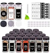 25 Spice Jars with Labels - 4 OZ Glass Spice Containers with 25 Black Metal Caps & 25 Silver Meta...