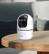 White and black robotic security camera with pan-tilt capability on wooden table. Features rounded dome design, dark lens, and blue indicator lights.