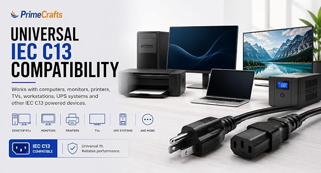 PrimeCrafts IEC C13 power cable compatible with desktop PCs, monitors, printers, TVs, &UPS systems