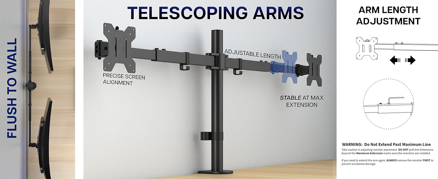 dual ultrawide monitor mount telescoping arms flush wall desk stand vesa 75 100 clamp grommet