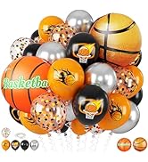 Basketball Balloons Orange Black, 18 Inch Basketball Foil Balloons, 12 Inch Confetti Metallic Sil...