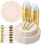 realluck 350 Piece Pink Plastic Dinnerware Set for 50 Guests Elegant Baroque Disposable Dinnerwar...