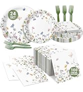 Audree Bundle 96 Pcs Wildflower Party Set & 100 Pcs Cocktail Napkin – Disposable Paper Plates, Na...
