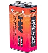 HW Rechargeable 9V Lithium Batteries 4 Pack, 500mAh True Capacity with USB-C Charging Port, 3H Fa...