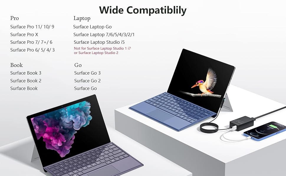 Compatible with Surface Pro 10, 9, 8, 7+, 7, 6, 5, 4, 3,Laptop 6, 5, 4, 3, 2, Book 3, 2, 1, Go 3, 2