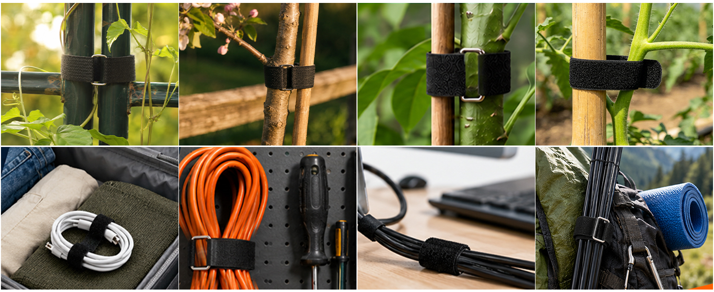 Multi-scene collage of hook and loop straps for garden plant support and cable management