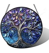 DASTOLL Stained Glass Window Hanging, Blue Purple Tree of Life Sun Catchers Colorful Glass Panel ...