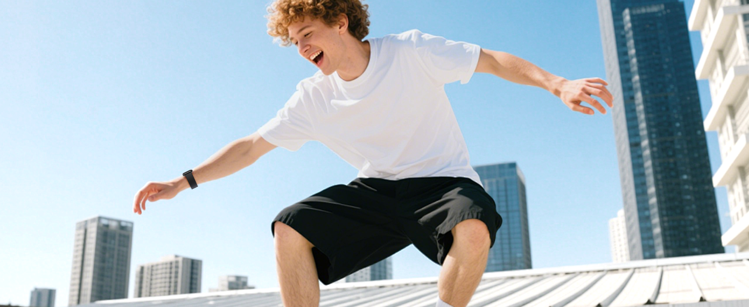 Action shot of person jumping or leaping on an urban rooftop or elevated platform against city backdrop.