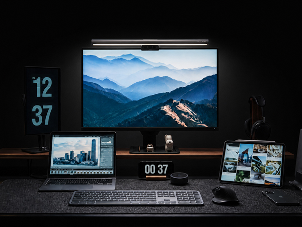 Text reads: '12', '37'. Modern desk setup with central monitor displaying mountain landscape, flanked by smaller display screens, keyboard, and mouse on dark background, representing multi-monitor workspace configuration.