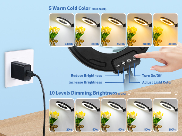 5 color modes and infinite dimming magnifying lamp with light desk magnifying glass with light