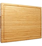 Large rectangular wooden cutting board with juice grooves around the perimeter and smooth bamboo grain finish. Shown from multiple angles.