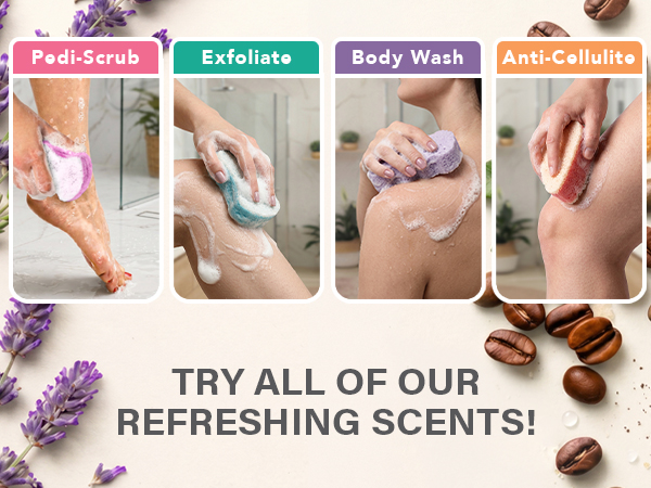 Featuring 4 different Lifestyle images (Pedi Scrub, Exfoliate, Body Wash, and Anti Cellulite Sponge)