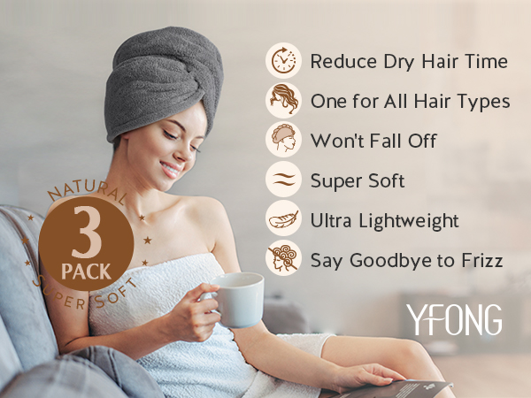3 Pack Microfiber Hair Towel Wrap for Women, Super Absorbent Turban Towels for Drying Wet Hair