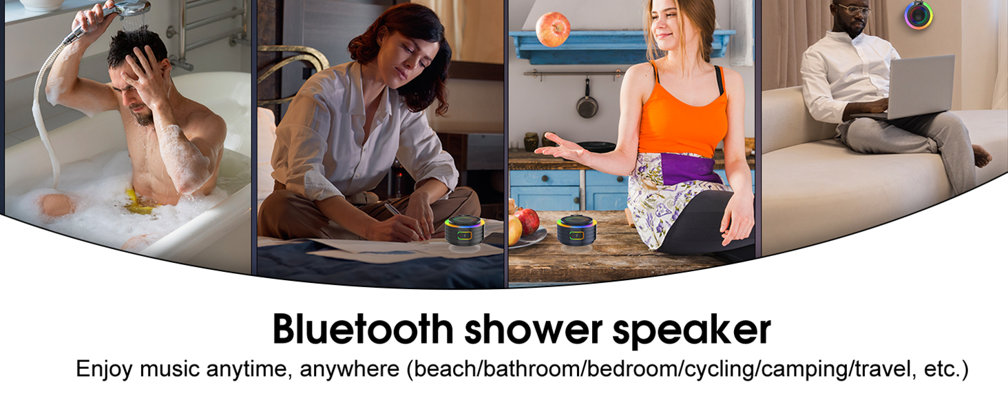Text reads 'bluetooth shower speaker'. Marketing collage showing people using wireless speaker in various settings - studying, relaxing, working out, and showering.