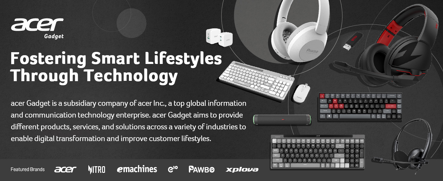 Acer promotional image featuring computer peripherals and headphones. Text describes fostering smart lifestyles through technology.