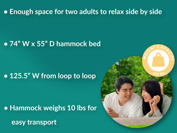 two person capacity 450 lbs weight capacity 74" W x 55" D hammock bed 125.5" W from loop to loop